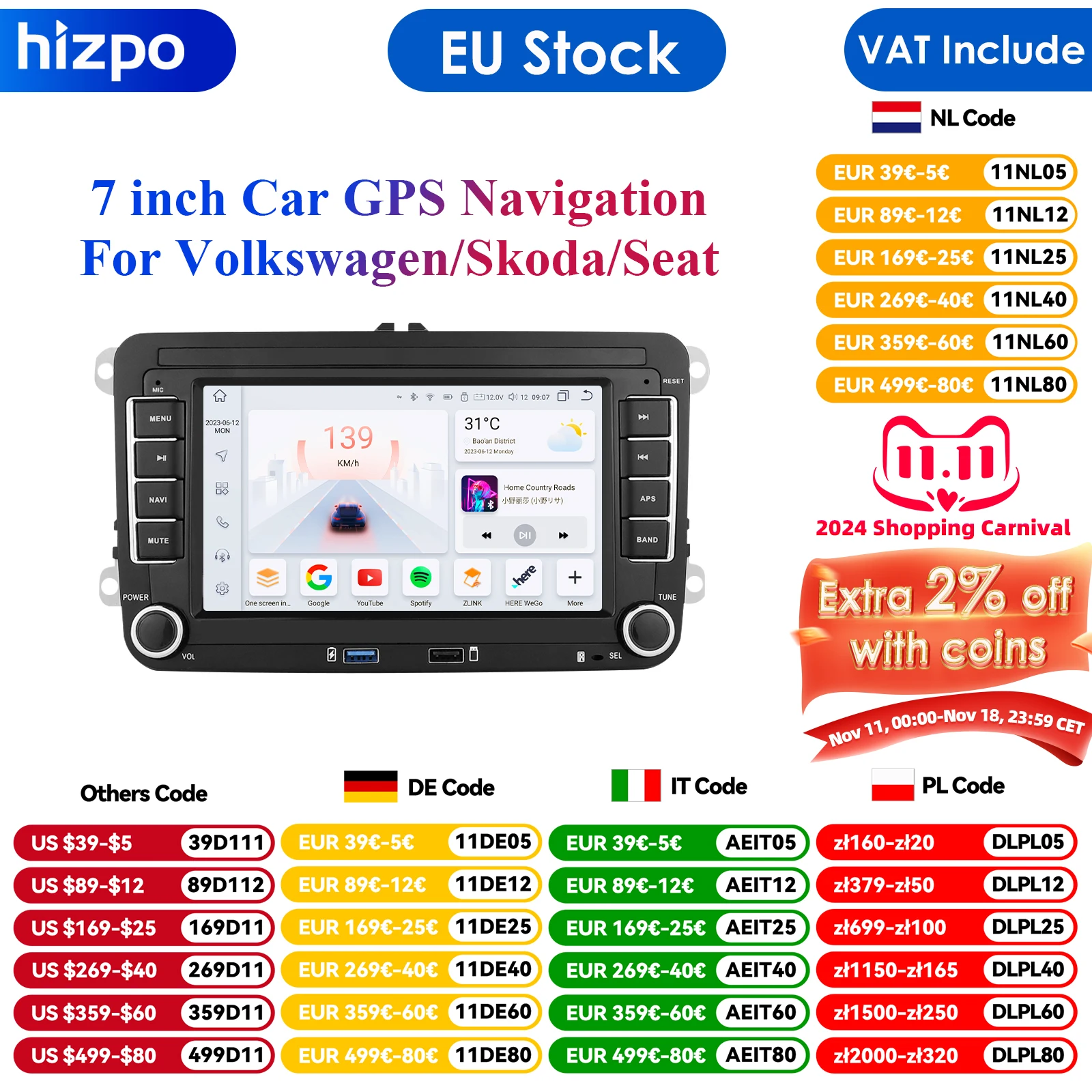 Carplay 4G-LTE 7 Inch DSP 2 Din Android Car Radio GPS for VW / Volkswagen Skoda Octavia Golf 5 6 Touran Passat B6 Polo Jetta RDS