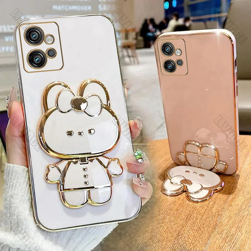 G 32 Cute Rabbit Mirror Plating Luxury Phone Holder Case On For Mototola Moto G32 MotoG32 MotorolaG32 Luxury Girl Woman Cover