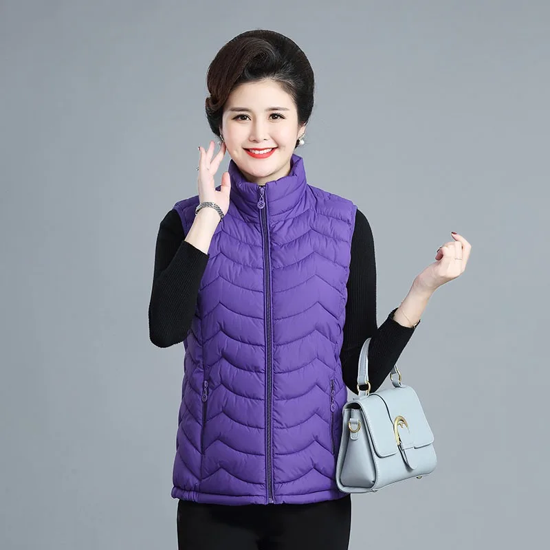 Light Thin Spring Autumn Woman Vest Coats Mother Stand Collar Down Cotton Vest Jacket Middle-aged Elderly Jackets Solid Outwear