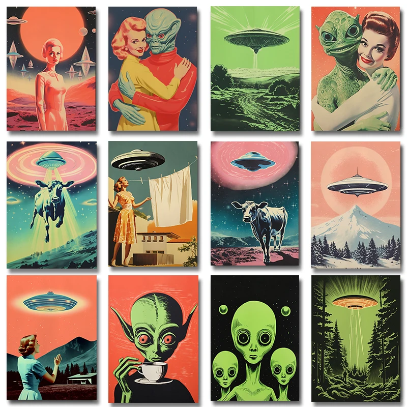 1pc  frameless Canvas Painting UFO Flying Saucer Alien Drink Coffee Art Print Poster Cow Abduction Canvas Printing Print Retr