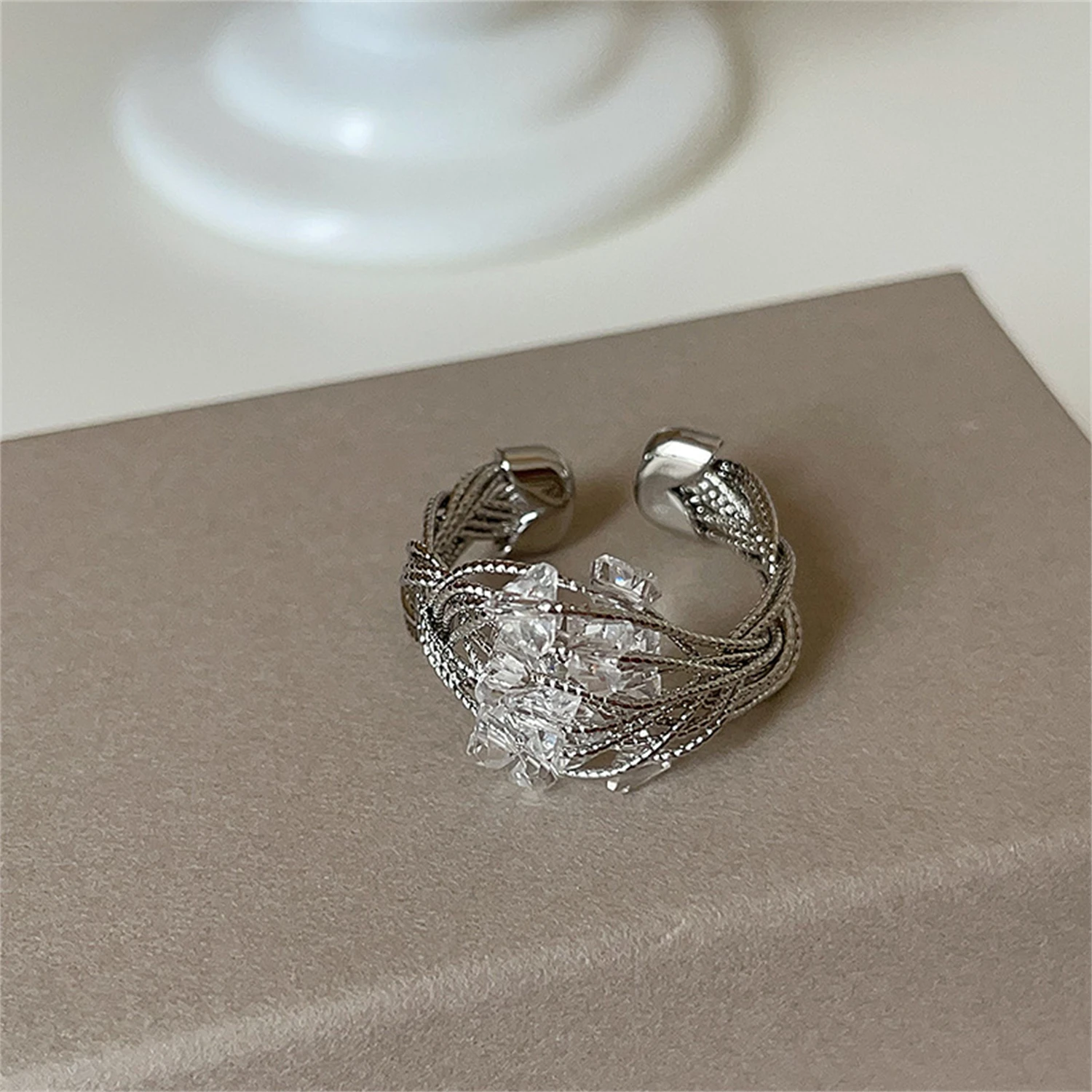 

WAKA Women's Statement Trendy Vintage Textured Adjustable Open Ring with Crystal Accents Chic Finger Jewelry for Daily Wear