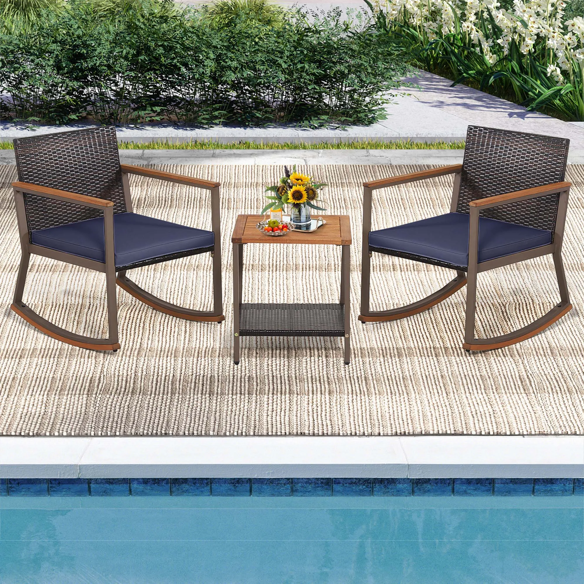 

3 PCS Patio Rattan Rocking Chair Bistro Set Armrest Cushion Table with Storage Shelf Navy