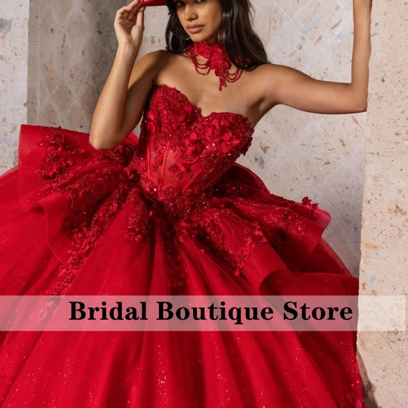 Vestidos de Quinceañera Rojos Brillantes, Vestido de Baile con Hombros Descubiertos, Apliques de Encaje, Cuentas de Cristal, Lazo, Tul, Corsé, Dulce y Personalizado