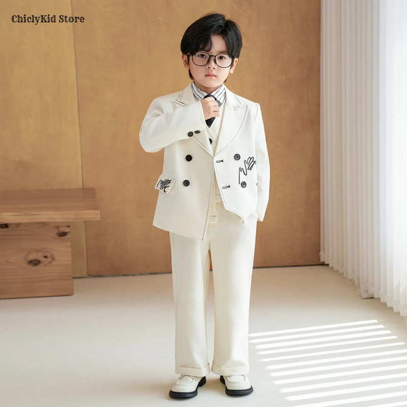 

Однотонный двубортный пиджак для мальчиков, жилет, брюки, детский костюм, жилет, комплекты свадебной одежды, торжественное платье для малышей, детские смокинги