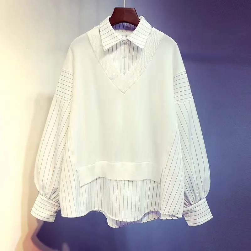 

Autumn Winter Loose Casual Patchwork Sleeve Slimming Women's Shirt Fake Two-Piece Long Polo Collar Bubble Sleeve Shoulder Bared
