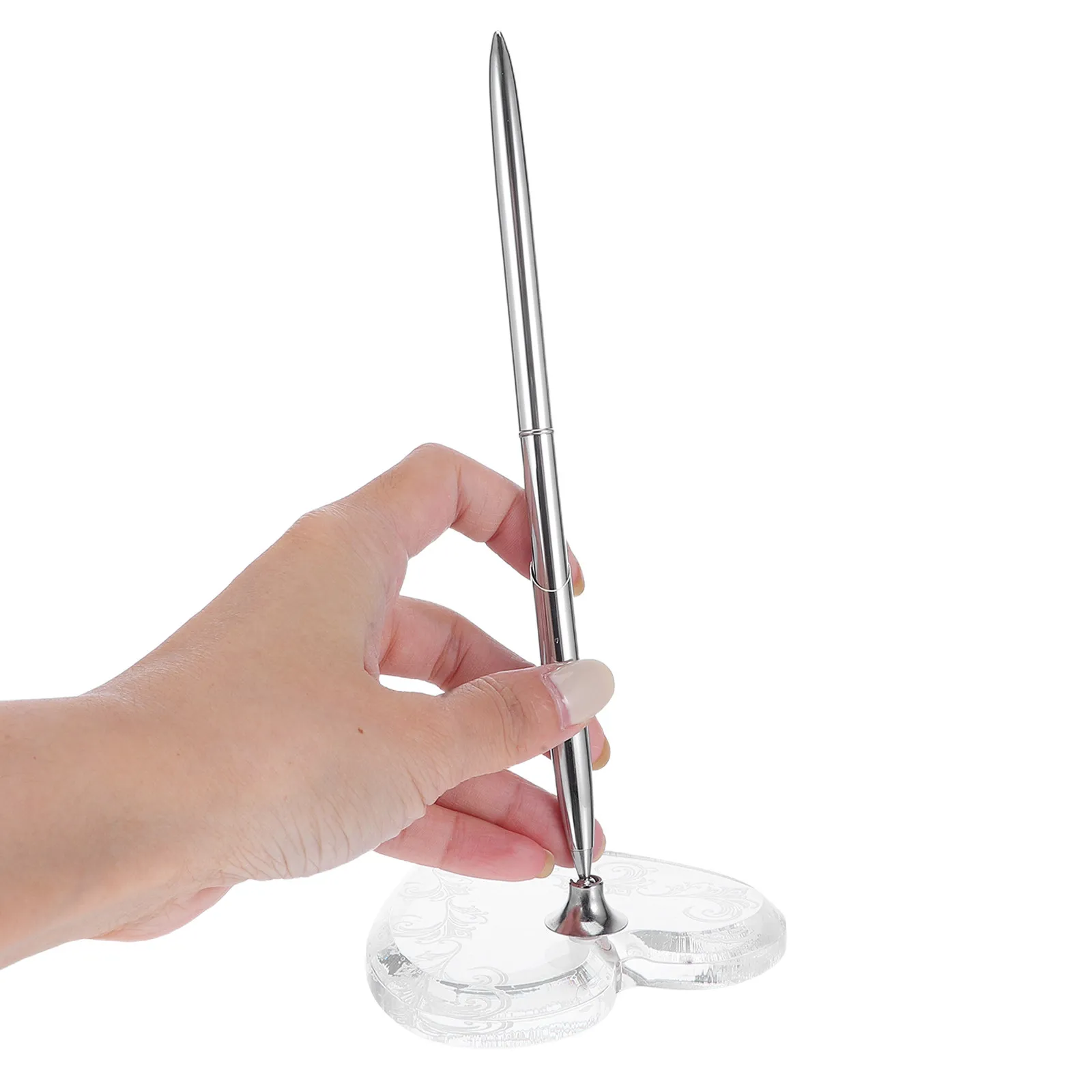 Silver Wedding Signing Pen with Sturdy Heart-Shaped Acrylic Base Ideal for Guest Book Ceremony Reception Desk Pen Holder Bridal