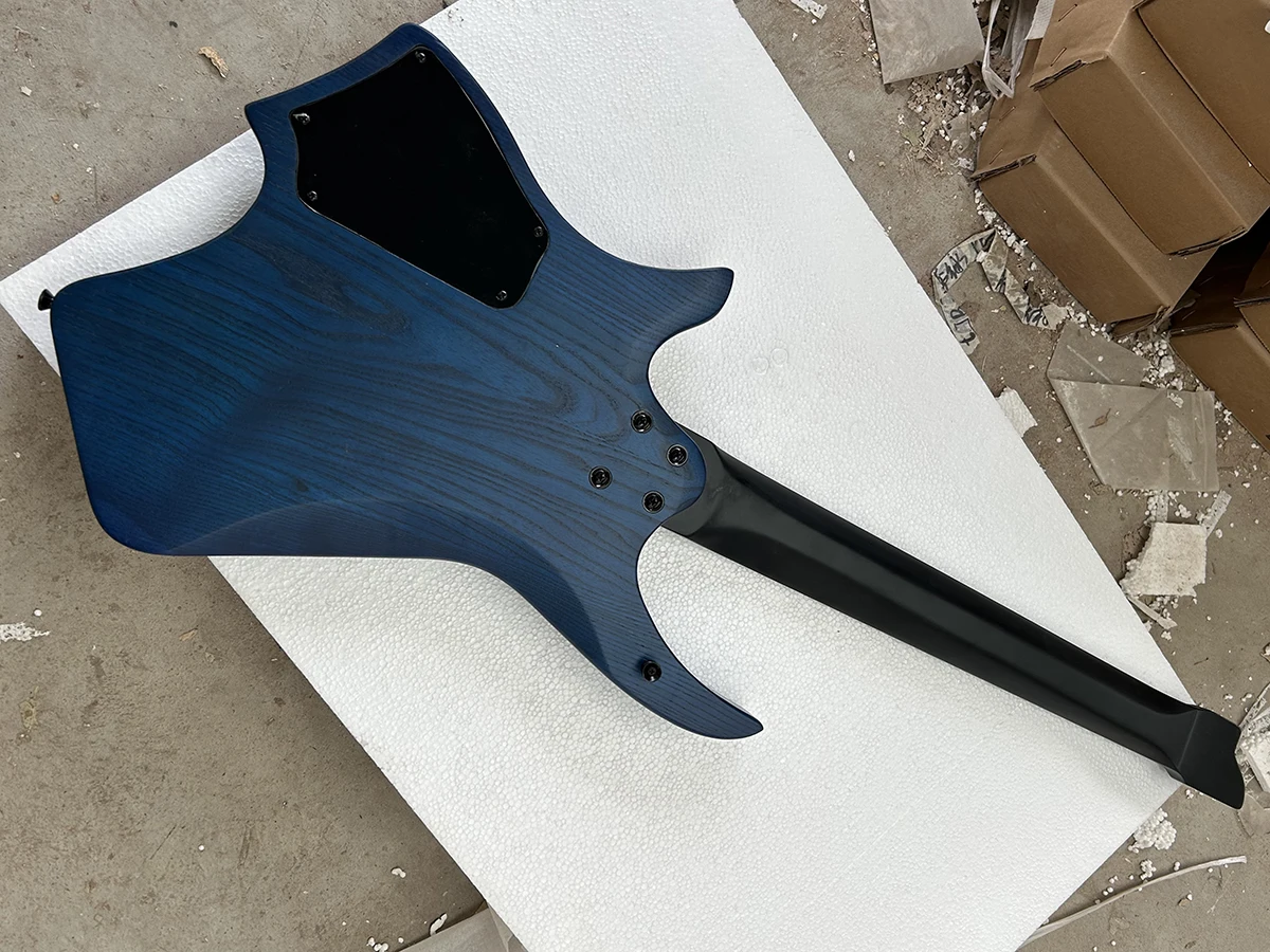 High Quality Headless Fanned Frets Matte Blue 7 Strings Electric Guitar Ebony Fretboard Ash Body Factory Customizable