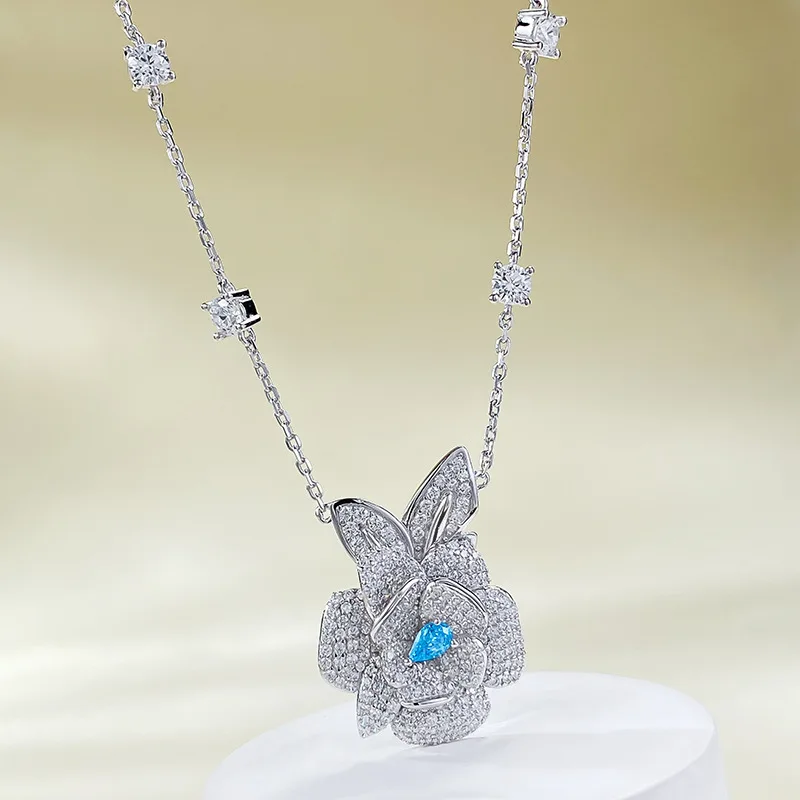 2024 Spring/Summer New Rose Necklace 925 Silver 3 * 5 Sea Blue Diamond Fashion Versatile Flower Collar Chain