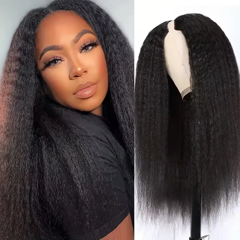 Perruque Kinky Straight V Part, couleur noir naturel, sans extension, facile à poser, perruque complète à clips sans colle en cheveux humains pour femmes