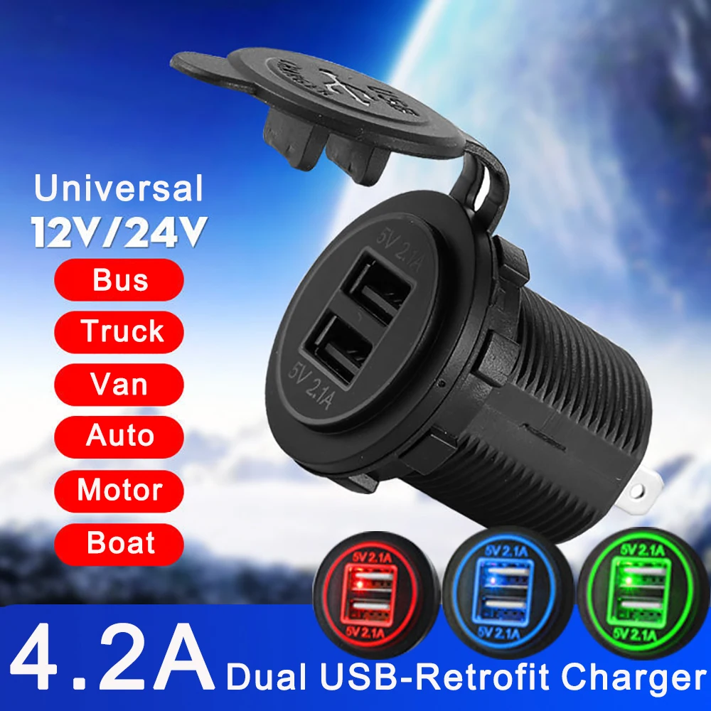 Cigarette Lighter 12V-24V Dual USB Car Charger Waterproof  Socket Mount Power Adapter 5V 2.1A for Car Marine Moto