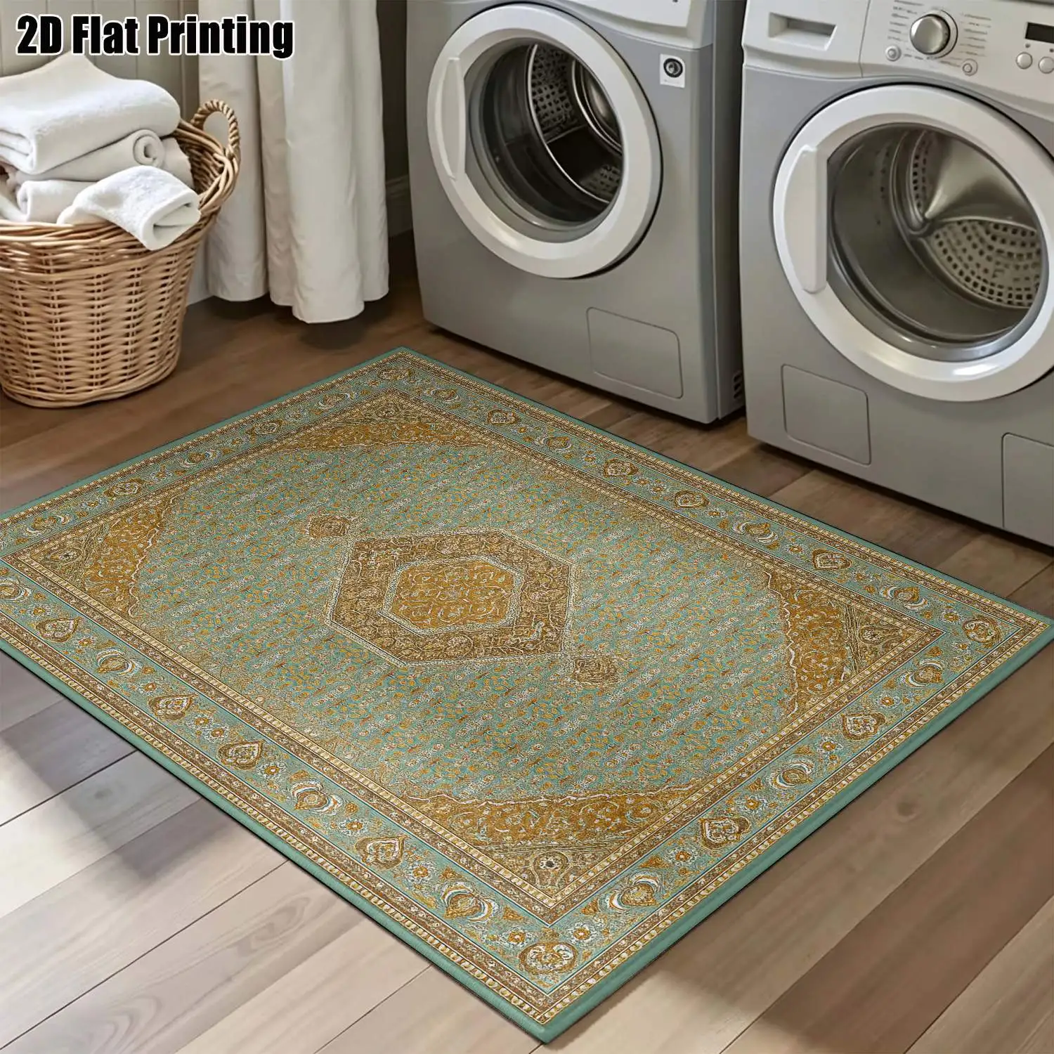 1Pc 2D Printed Carpet: Blue & Gold Geometric Patterns, Vintage/European/Bohemian Style, Machine Washable, Multi-Size, Suitable for Door Mats, Dining, Foyer, Living Room, Bedroom as Home Decor