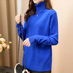 Solid color high neck pullover sweater for women, 2023 new soft glutinous lazy style knitted inner layer top for women