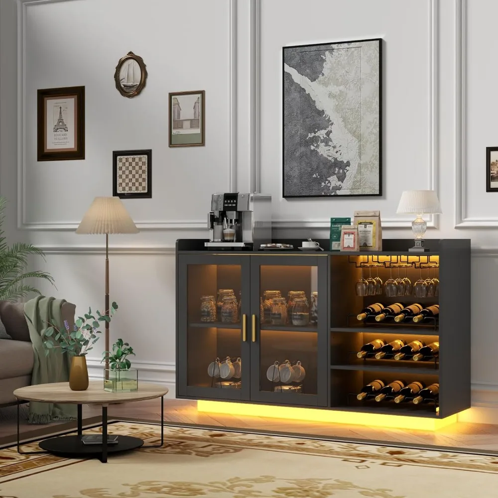 Wine Bar Cabinet with LED Lights, Floating Coffee Bar with Glass Rack and Removable Wine Racks, Modern Buffet Sideboard w