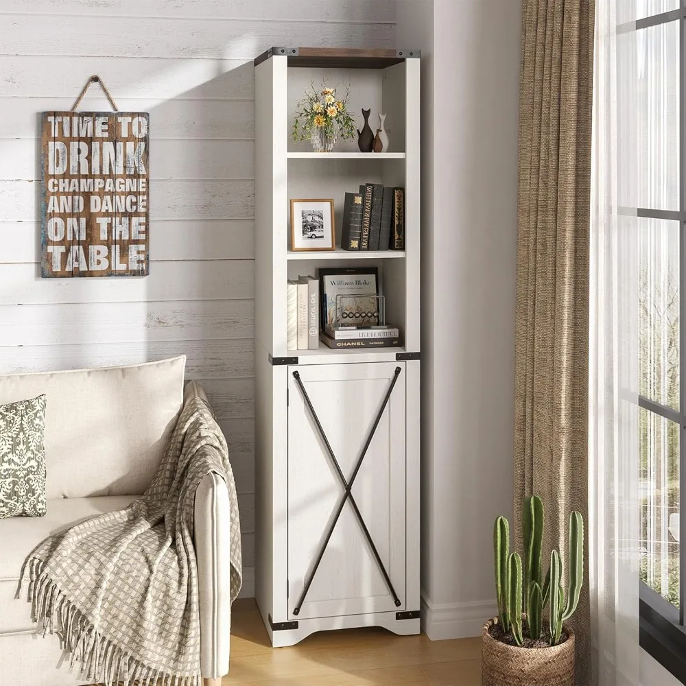 Narrow Bookshelf with Cabinet, Farmhouse Bookcase with Storage, Open Display Shelf, 67'' Tall Bathroom Storage Cabinet