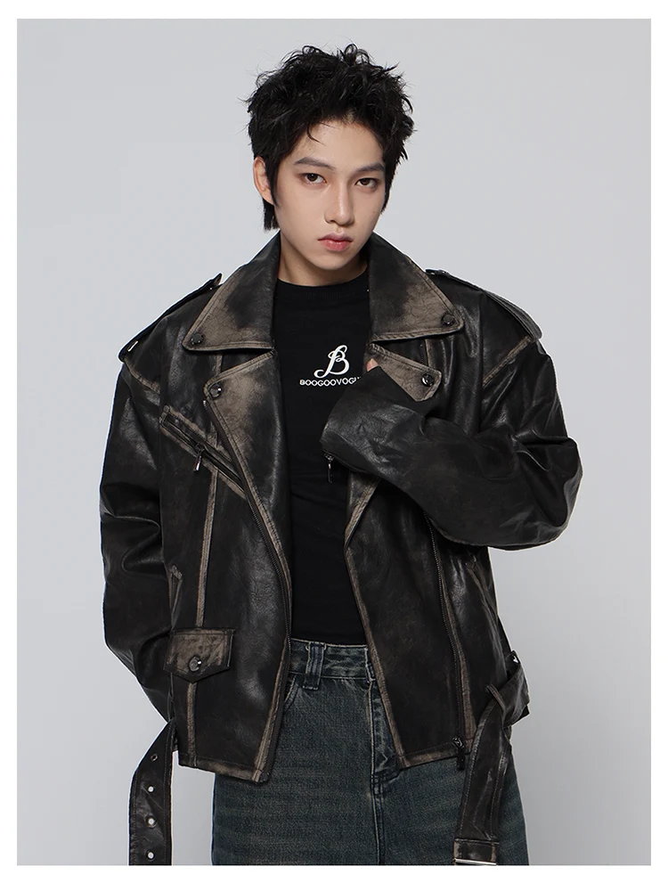 Mauroicardi Spring Cool Handsome Vintage Distressed Black Pu Leather Biker Jacket Men Belt Zipper Loose Unisex Clothes 2024 11 S52b13b6156bb49ee9c0357ef782f6914T