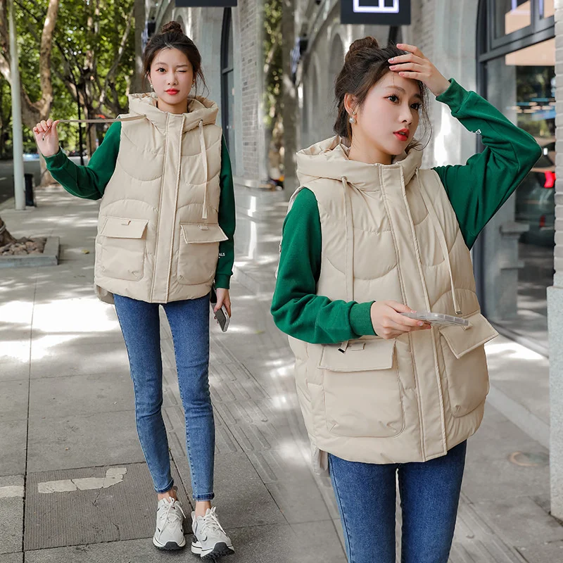 New Women Winter Warm Cotton Padded Puffer Vests Sleeveless Parkas Short Jacket Hooded Overcoat Female Waistcoat Chaleco Mujer