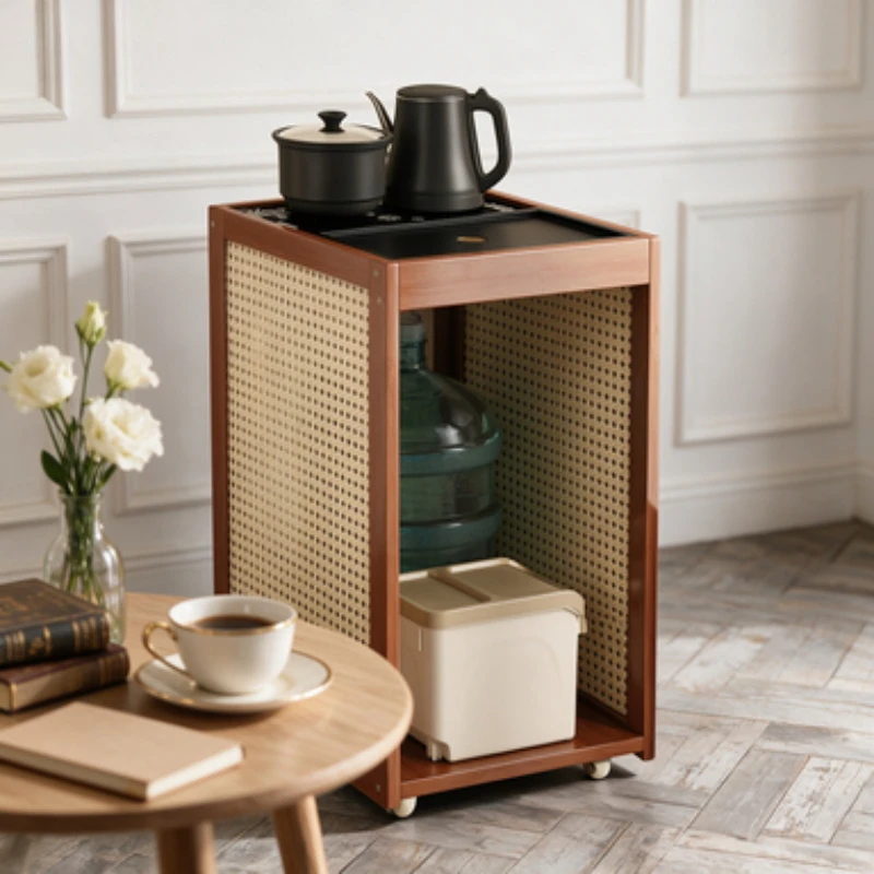 Imitation Rattan Mobile Tea Cart Integrated Water Boiling Cabinet Multipurpose End Table Compact Tea Station for Living Room