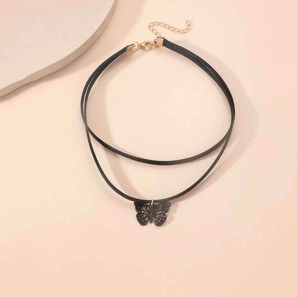 Vintage Punk Double Layer Butterfly Pendant Necklace Black Velvet Choker Gothic Club Neck Jewelry Collar Collier Femme