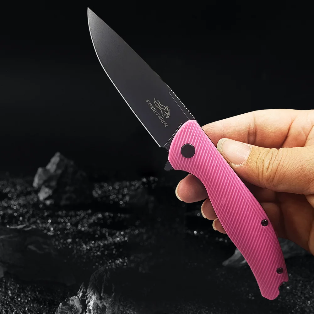 FREETIGER New FT801 Folding Knife Black Blade Pink Handle Outtdoor Pocket Knife for Camping Hunting Survival Hiking EDC Tools