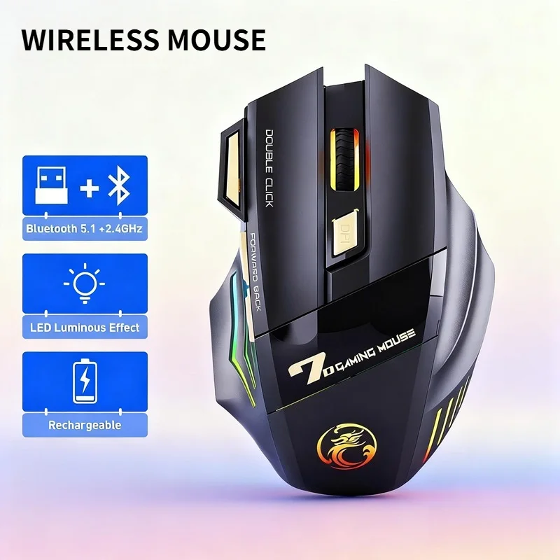 GW 2,4G y ratón inalámbrico Bluetooth luz de respiración recargable silenciosa 7 teclas DPI Sensor óptico ajustable ratón juego Oficina
