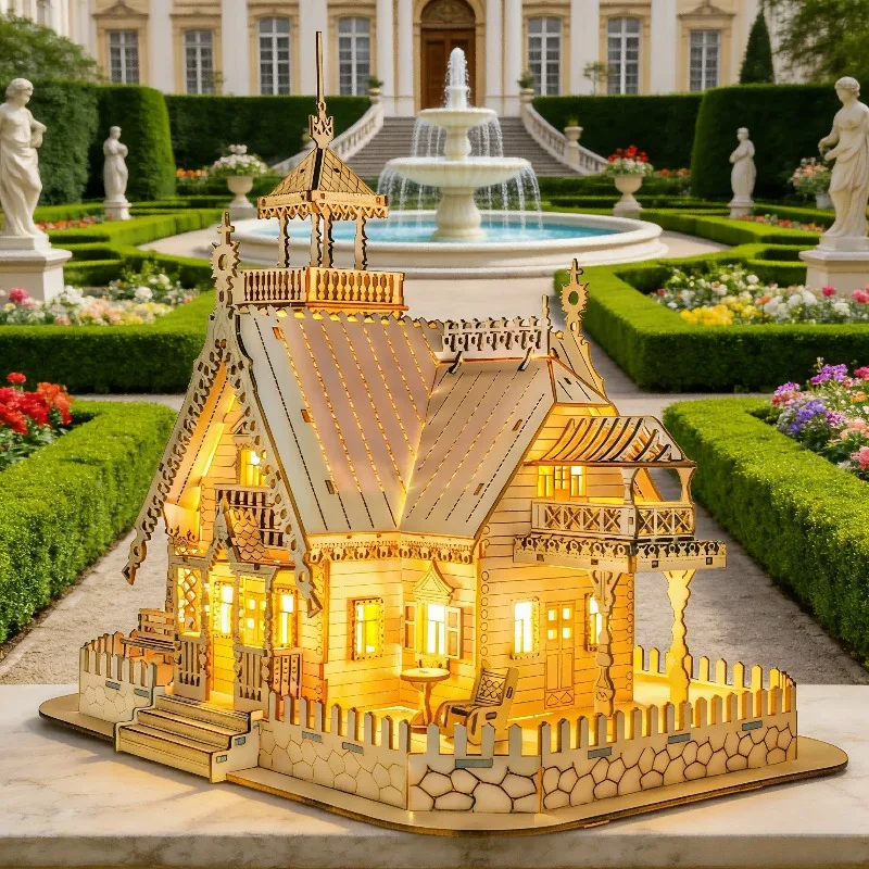 

Wooden 3D Jigsaw Puzzle Villa Model Kit, DIY Dollhouse Building Toy Creative Gift for Children