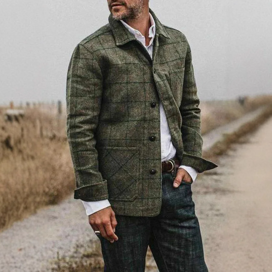 Autumn And Winter New Men's Plaid Jacket, Retro Lapel Single-breasted Jacket Fashionable Men's Clothing