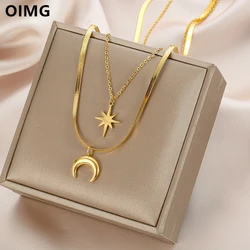 OIMG 316L Stainless Steel Gold Color Double Layer Star Moon Pendant Necklace For Women Personality Luxury Bohemian Jewelry