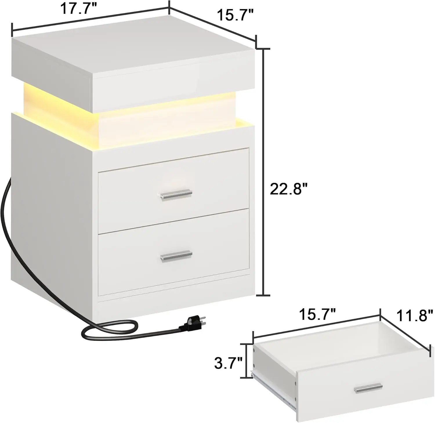 Nightstand with Charging Station, Smart Night Stand with Sliding Top Storage, 2-Drawers High Gloss Bedside Table, Modern End Tab