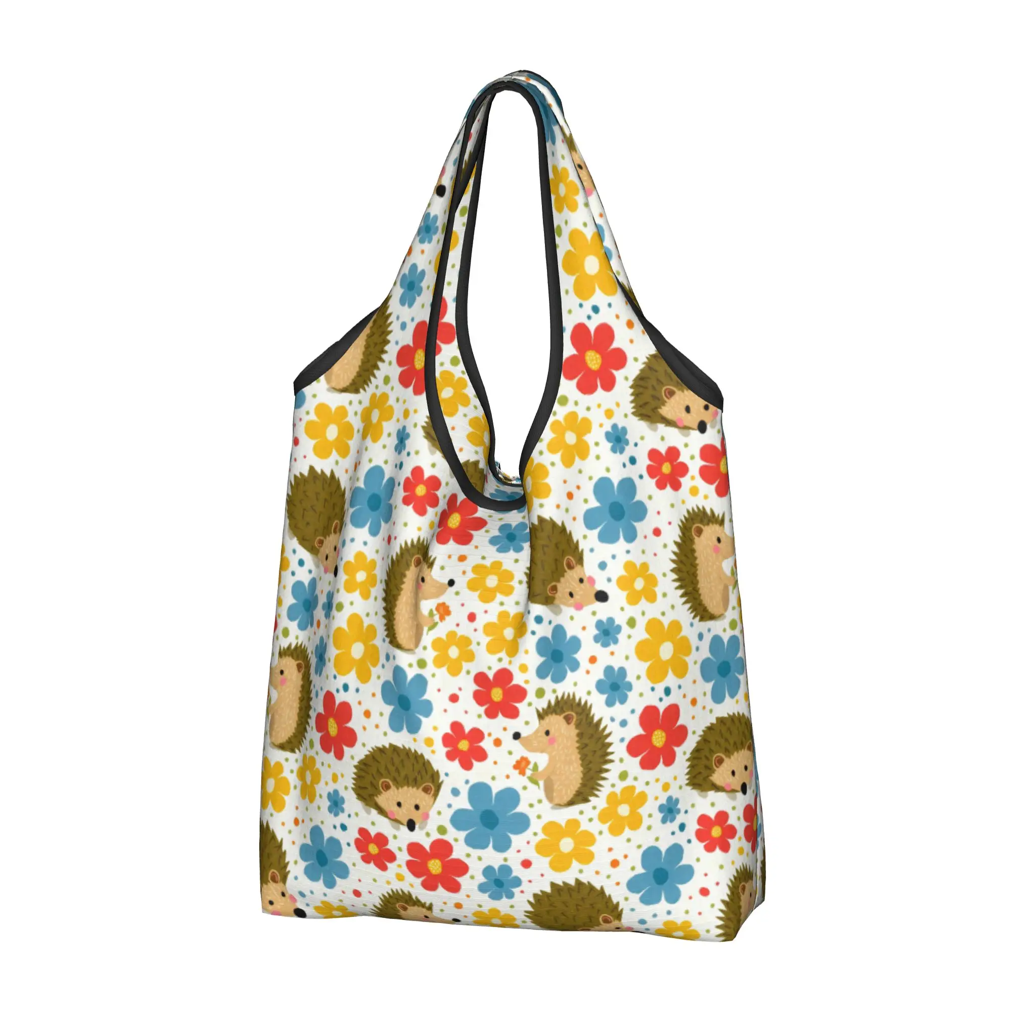 Custom Happy Hedgehog Furze Pig  Shopping Bag Women Portable Large Capacity Groceries Flowers on Ivory  Tote Shopper Bags