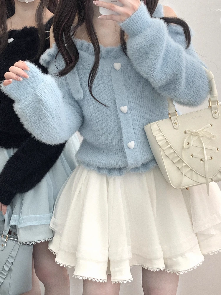 Japanese Lolita Off Shoulder Sweet Knitted Sweater Women Kawaii Cute Heart Button Y2k Jumper Fairy Slash Neck Aesthetic Pullover