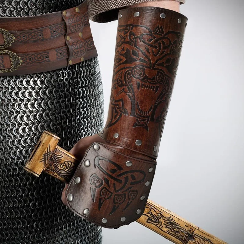 Hand Armor Bracer Leather Medieval Vikings Celtic Costume Arm Guard Accessory Knight Warrior Larp Adult Wolf Embossed For Men XC