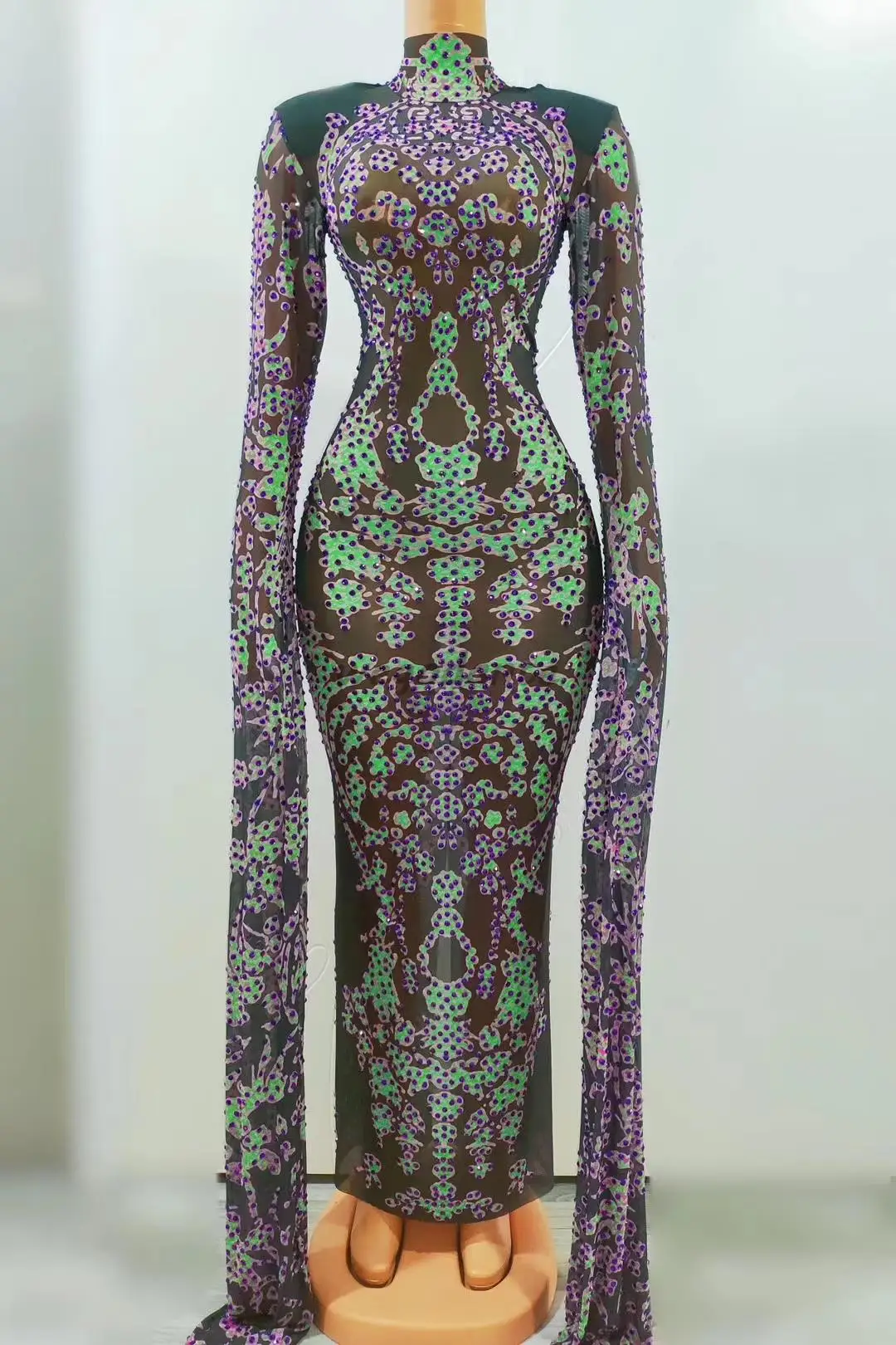 New Prom Party Show Rhinestones Flower Pattern Long Big Sleeves Dress