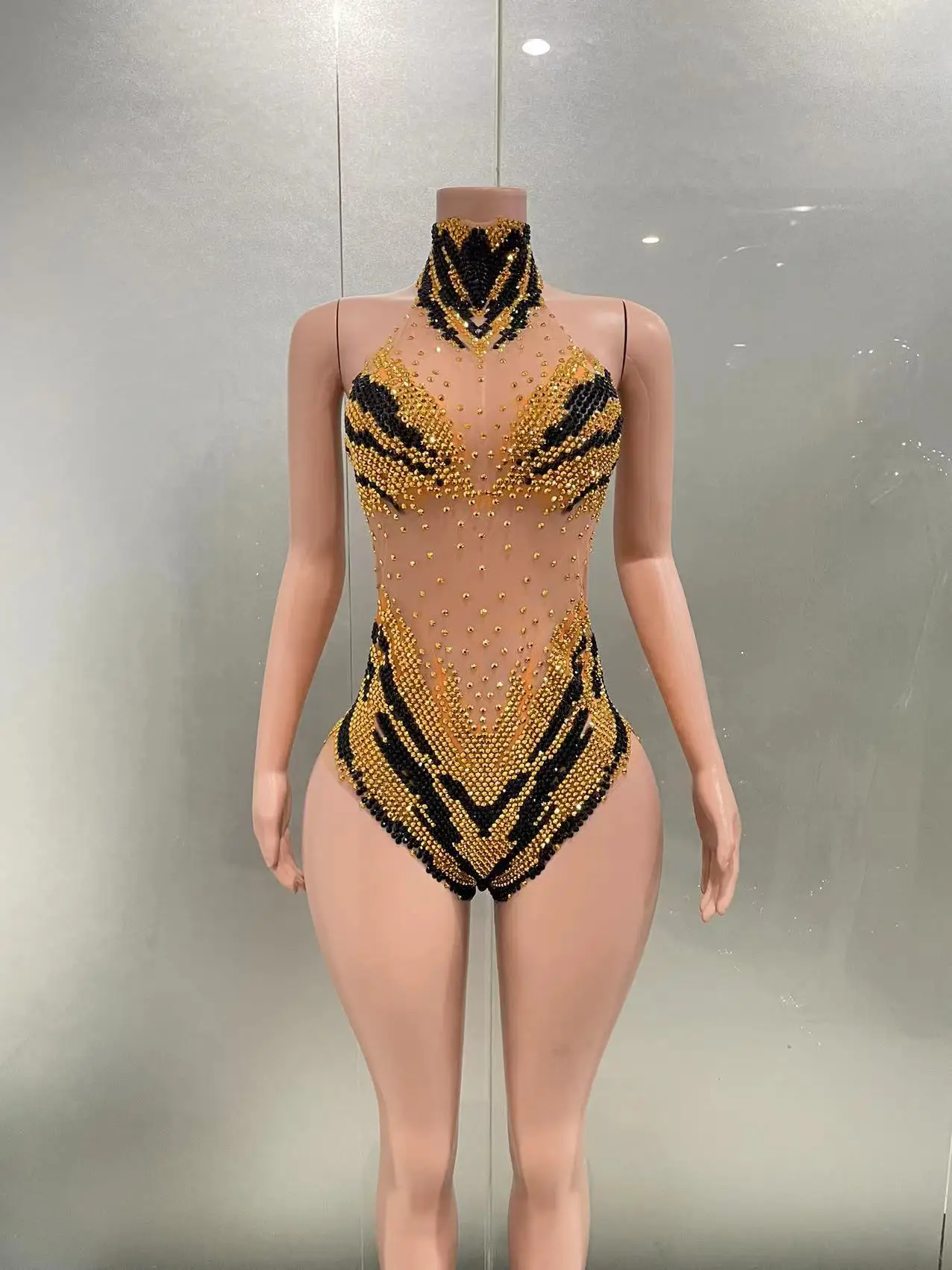 STOCK Sparkle Gold Diamonds Rompers Women Bodysuit Evening Party Crystal Outfit Female Singer Performance Dance Costume