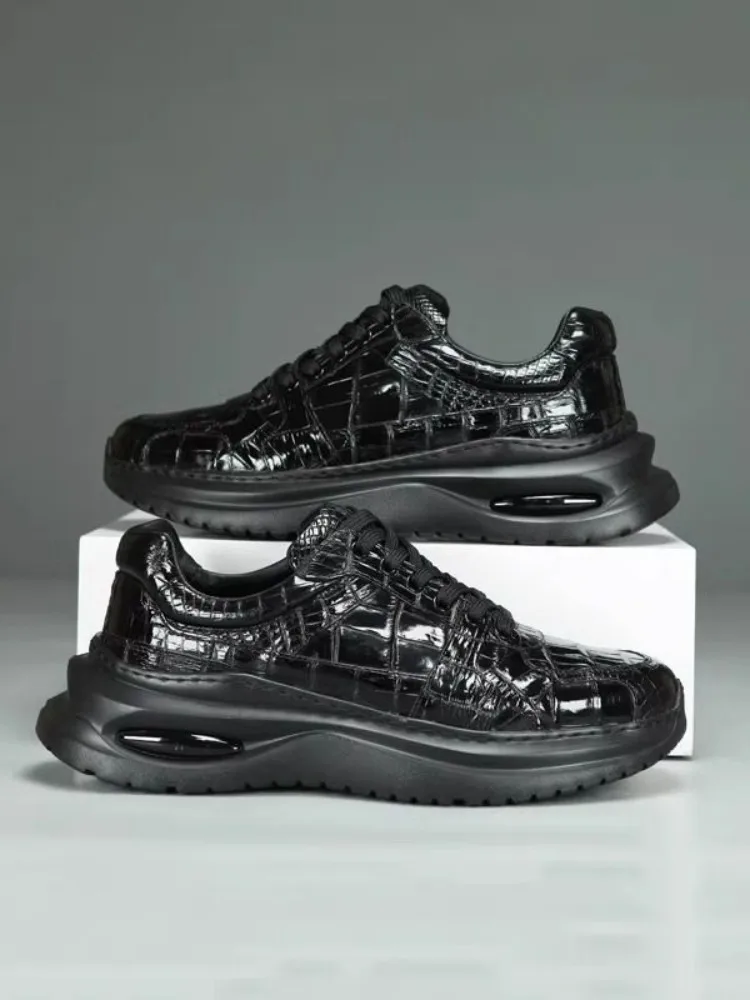 Fashion Black Cowskin Genuine Leahter Sneakers Male Lace Up Round Toe Cushioning Platform Casual Shoes Comfortable Active Shoes