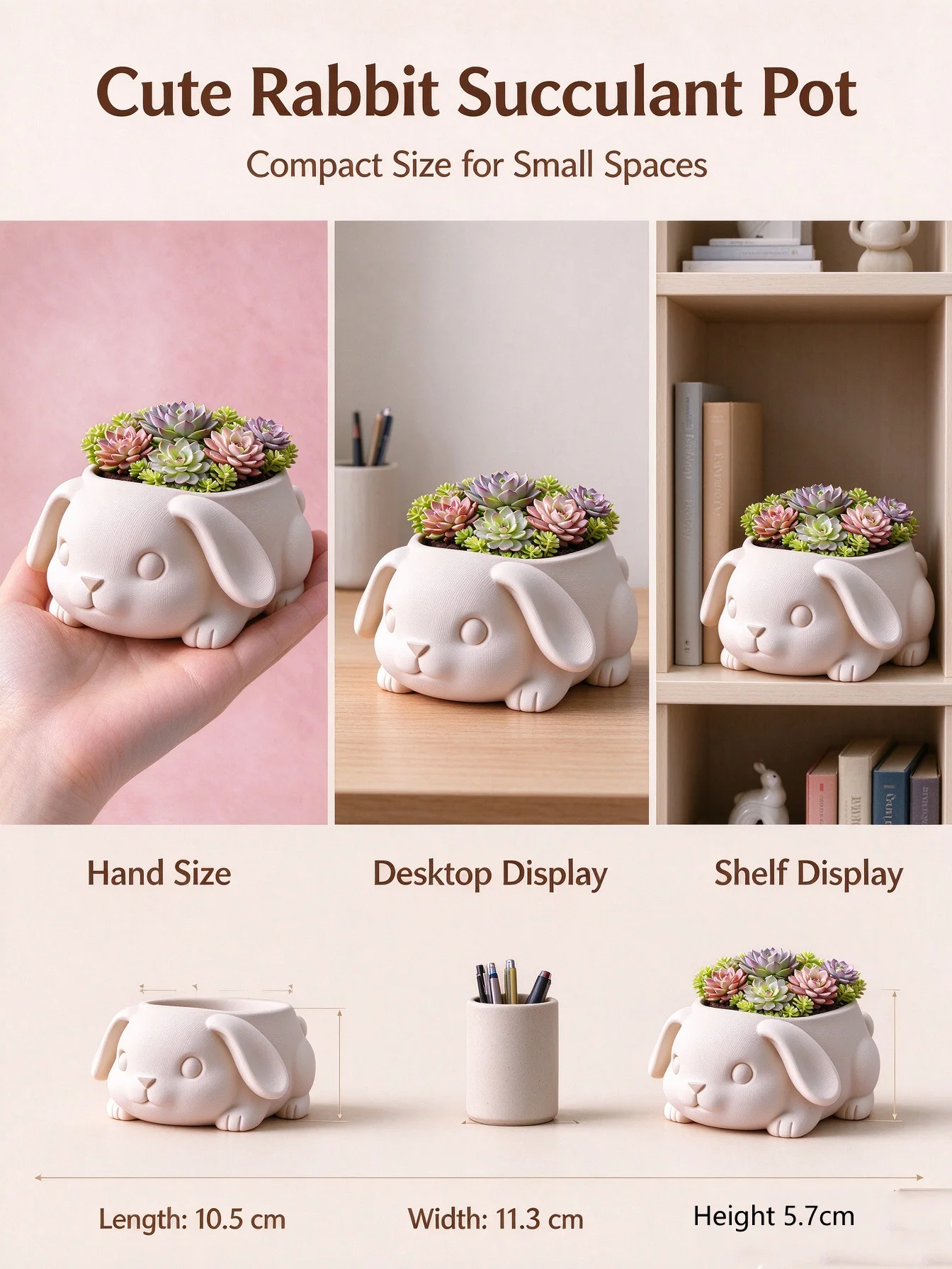 Cute Rabbit Shape Succulent Planter 3D Printed Tabletop Cactus Planter Flower Pot Mini Bunny Plant Pot for Desk Bookshelf Decor