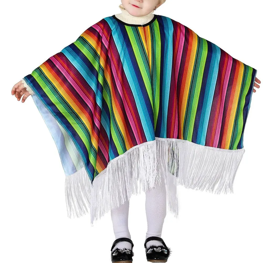 

Mexican Cloak Kids Costume Fringe Tassels Oversized Head Hole Party Supplies Clothes Dress Cosplay Role Play Infant Wear