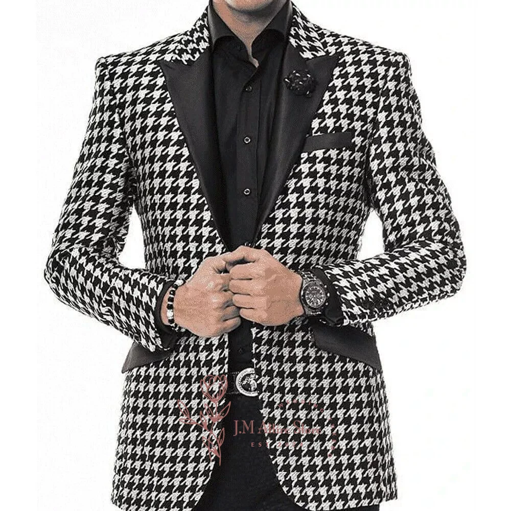 

Men's Houndstooth Suit 2-piece Set Black White Peak Lapel Casual Slim Fit for Wedding Groom Prom Party Custom Blazer Tuxedos