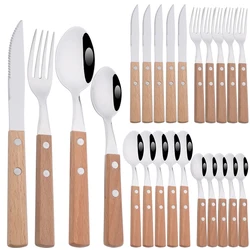 Western Wood Handle Silver Cutlery Set 6/16/24Pcs Knife Fork Spoons Dinnerware Set 304 Stainless Steel Kitchen Silverware Set