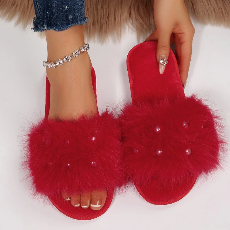 

Women Slippers Fashion Pearl Decor Thick Sole Slippers Fluffy Fur Platform Shoes Women Non Slip Outdoor Comfortable Slides Women