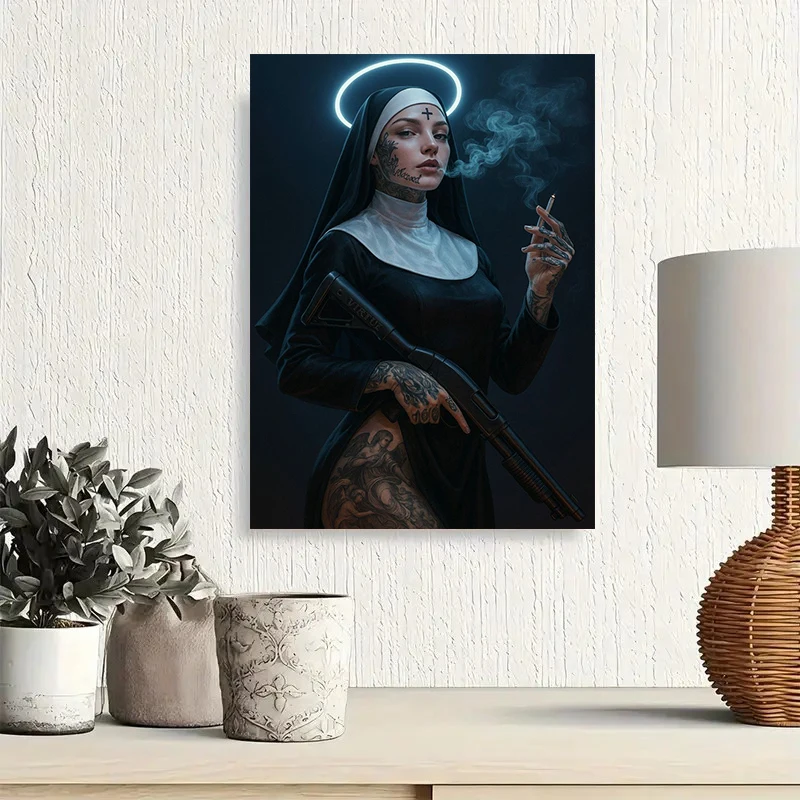 

Nun Canvas Art Prints - Featuring Intricate Tattoos And Smoke Effects Religious Figure Poster Prints For Living RoomsHome Decor
