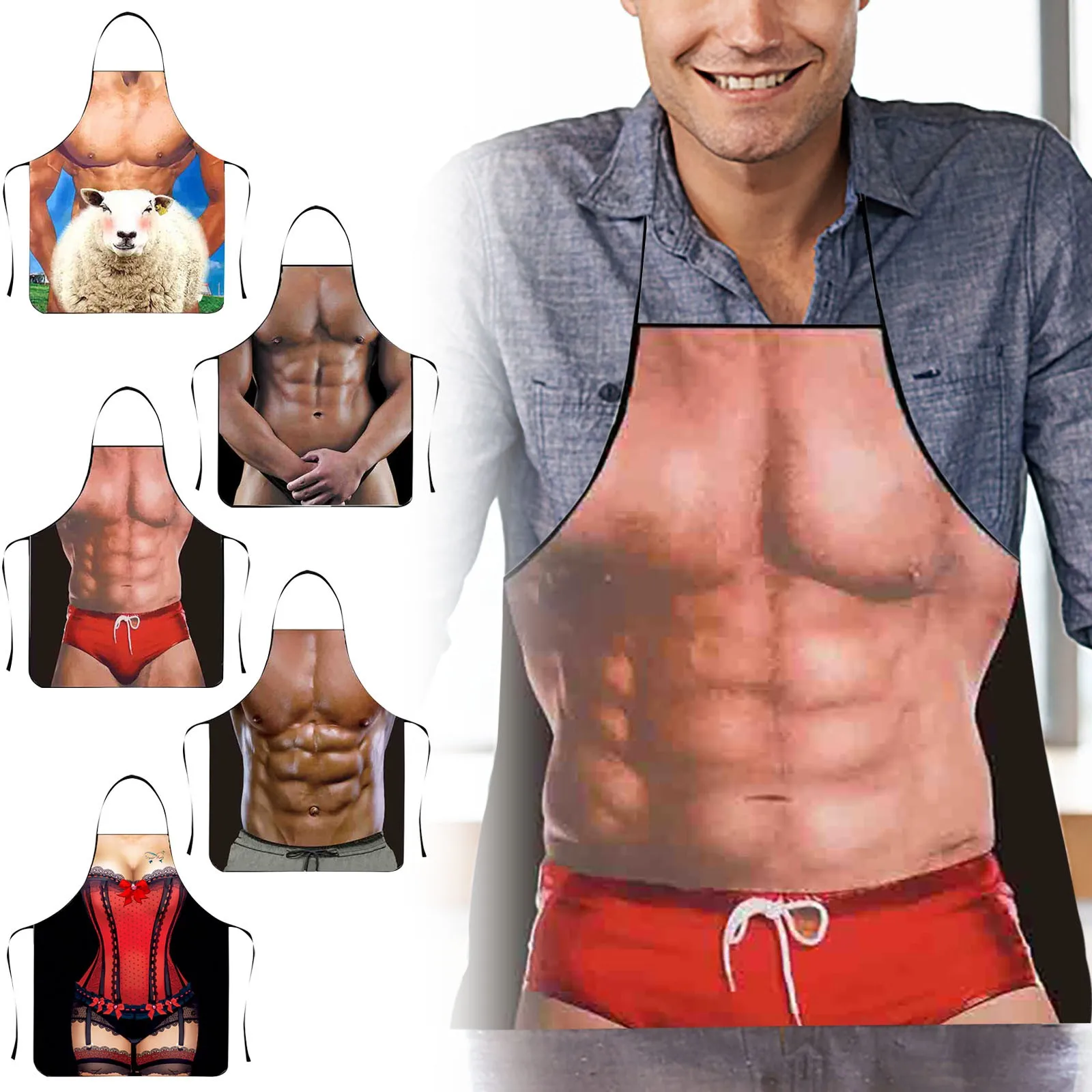 Funny Apron Muscle Man Creative Apron 3D Sexy Bikini Series Aprons Kitchen Dinner Cooking Apron Fashion Couple Festival Gifts