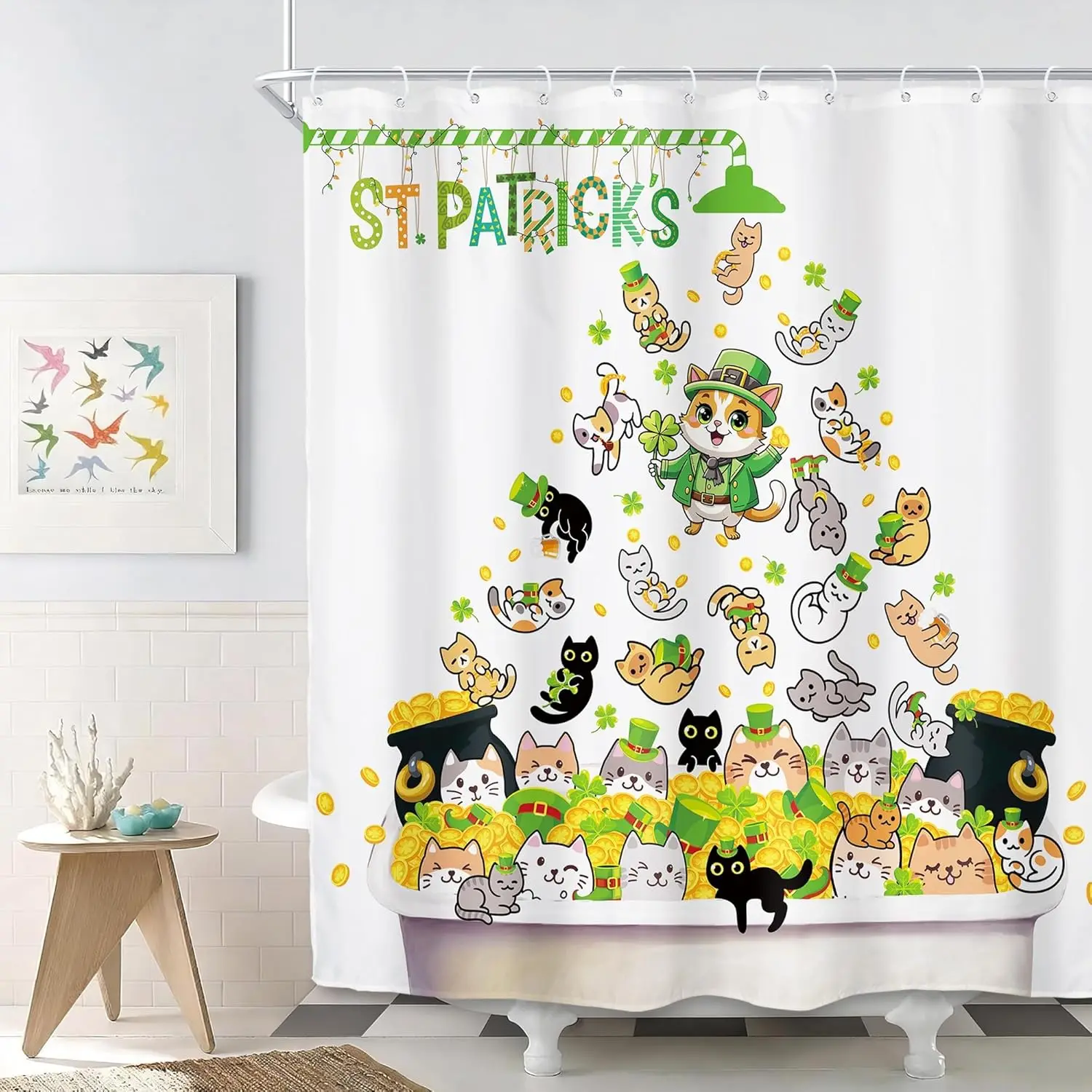 

St Patricks Day Cat Shower Curtain Cute Cartoon Kittens Clover Gold Coin Print for Bathroom Decor