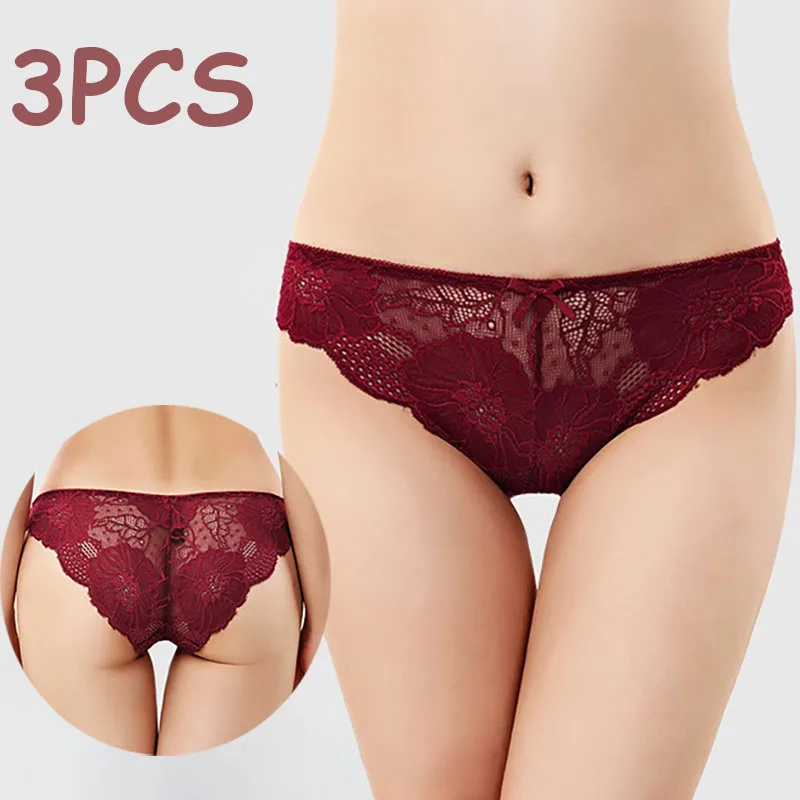 3 Stück französische Spitze, ausgehöhlte Damen-Slips, mit Schleifenbesatz, Baumwoll-Zwickel, nahtlose, gewellte Kanten, Unterwäsche mit niedrigem Bund