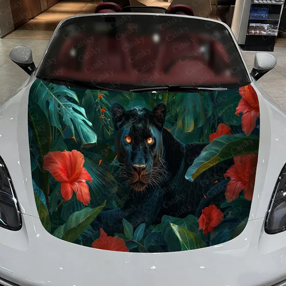 Panther in Vibrant Floral Jungle Car Hood Stickers - Self-Adhesive, Waterproof and Durable Vinyl Wrap, Decorate And Protect Your