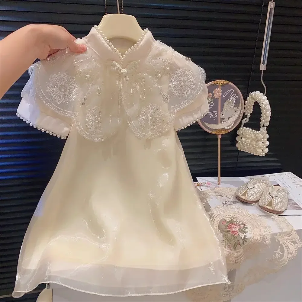 Summer New Chinese Style Elegant White Lace Flower Embroidered Short Sleeve Dress Sweet Girl's Clothes 2-7 Year Old Cheongsam