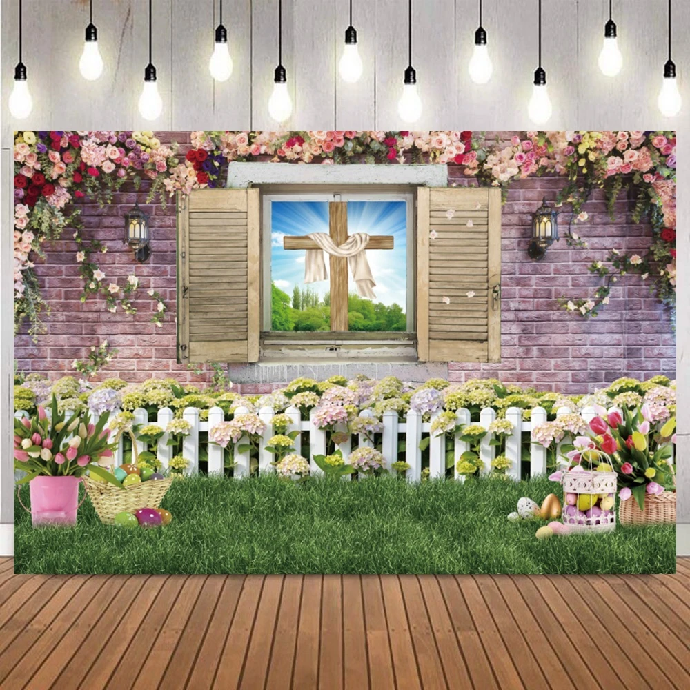 Spring Easter Garden Bunny Eggs Floral Fence Photography Background Photo Backdrop for Baby Shower Portrait Party Home Decor