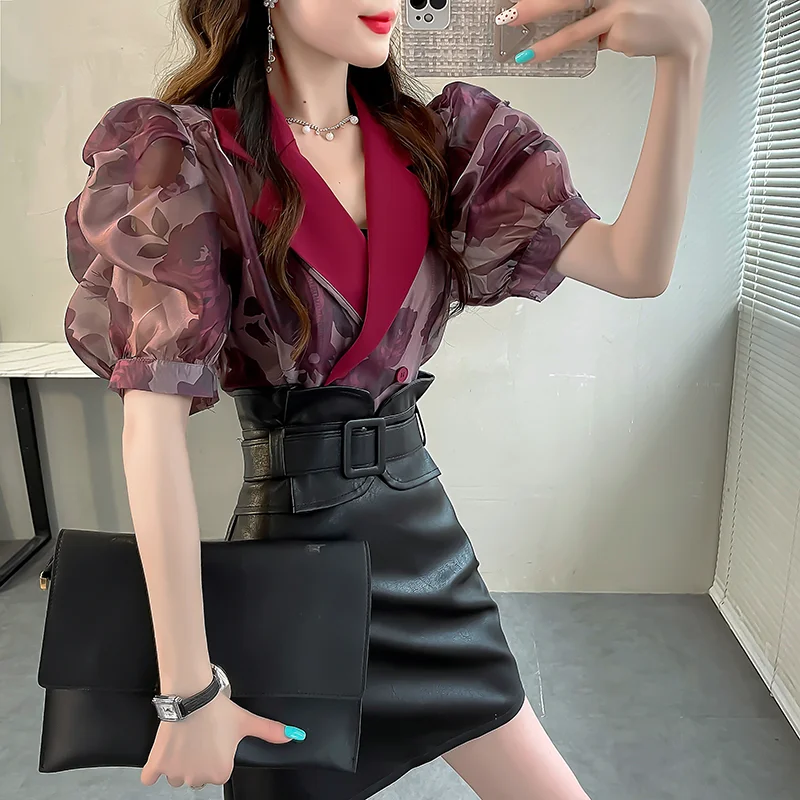 Women Vintage Korean Fashion Notched Collar Print Shirts Office Lady Elegant Commute Blouses Female Chic Short Sleeve Loose Tops