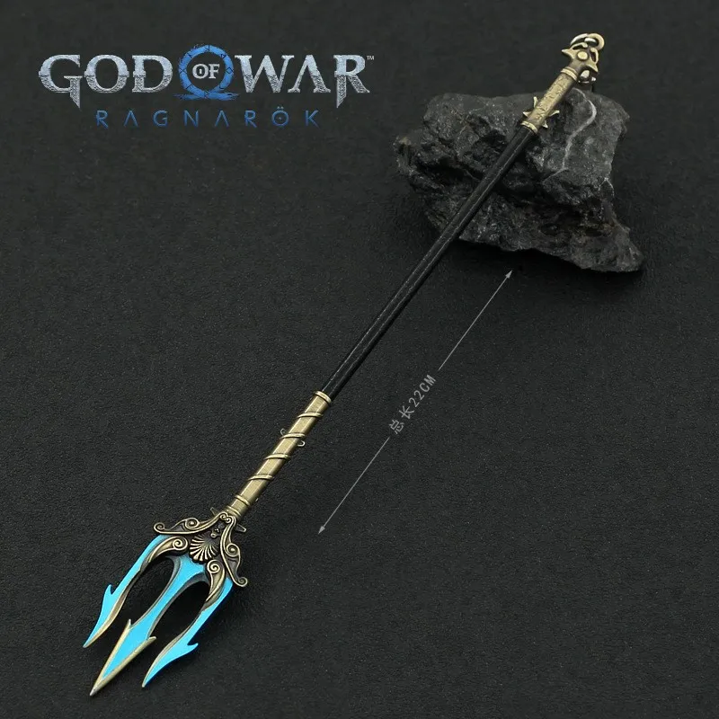 Die neue God of War Waffe 22 cm Poseidon Dreizack Kratos Blades of Chaos Spiel Schlüsselanhänger Metallmodell Schwert Katana Geschenkspielzeug für Jungen