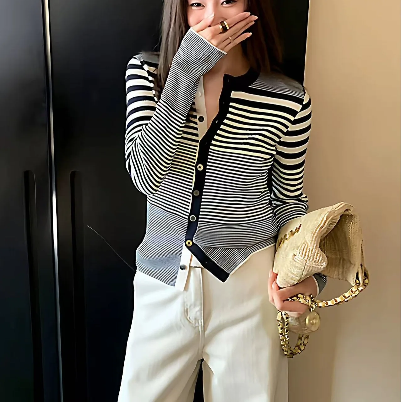 Suéter largo de punto ajustado para mujer, cárdigan de punto a rayas con diseño Sense, Color asimétrico, Otoño Invierno