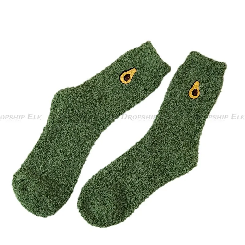 여성 과일 양말 푹신한 따뜻한 플러시 양말 여성 따뜻한 아보카도 수박 체리 딸기 바닥 잠자는 양말